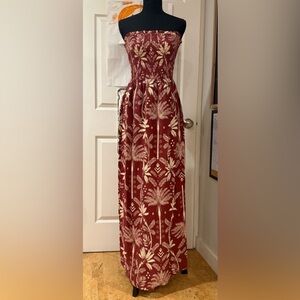 NWT Monteau Maroon Strapless Floral Maxi dress Sz Small Linen Blend
